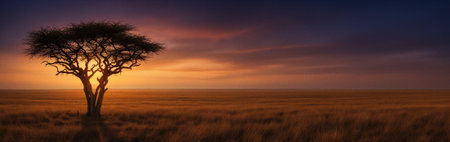 Serene african savannah sunset with silhouetted acacia tree. That the image is generated using AI.の素材