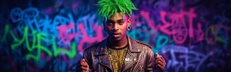 Young african male in leather jacket with vibrant green hair against graffiti wall. That the image is generated using AI.の素材