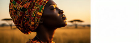 African female in traditional attire at sunset in savannah landscape. That the image is generated using AI.の素材