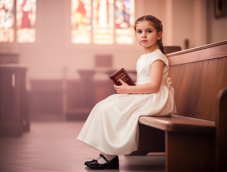Young caucasian girl in white dress holding book in church setting. That the image is generated using AI.の素材
