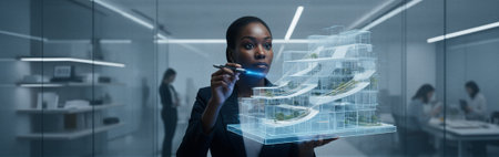 African female architect analyzing futuristic building hologram in modern office. That the image is generated using AI.の素材