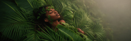 Peaceful african young woman resting among lush green foliage in nature. That the image is generated using AI.の素材