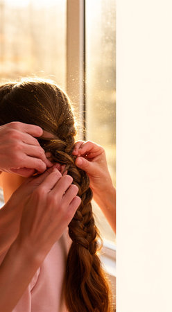 Caucasian female young hair braiding close-up against sunlit window. That the image is generated using AI.の素材