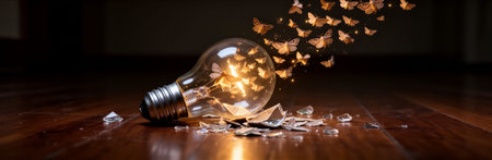 Illuminated light bulb with flying moths and broken glass on wooden floor. That the image is generated using AI.の素材