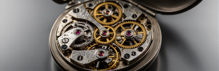 Intricate watch mechanism featuring gears and jewels in open pocket watch. That the image is generated using AI.の素材