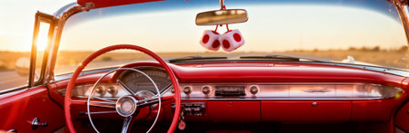 Classic red convertible interior with sunset view and fuzzy dice. That the image is generated using AI.の素材