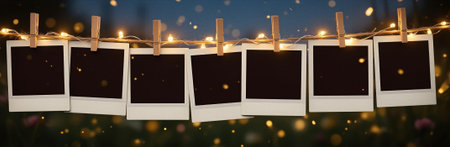 Blank polaroids hanging on twine with fairy lights in warm outdoor setting. That the image is generated using AI.の素材