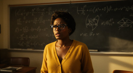 African female adult scientist in classroom with chalkboard equations. That the image is generated using AI.の素材