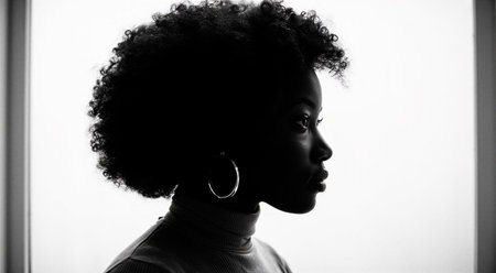 Silhouette profile of young African female against light background. That the image is generated using AI.の素材