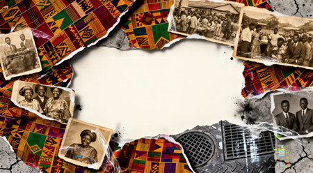 African cultural tapestry with vintage photographs and colorful kente patterns. That the image is generated using AI.の素材