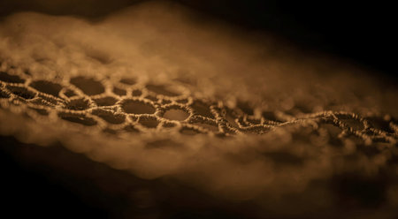 Close-up of intricate golden pattern in ambient lighting. That the image is generated using AI.の素材