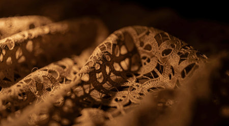 Close-up of ornate vintage lace fabric with intricate patterns. That the image is generated using AI.の素材