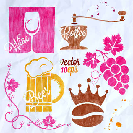 food and drink watercolor set coffee wine beerのイラスト素材
