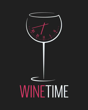 Wine glass logo. Wine time concept with clock on black backgroundのイラスト素材