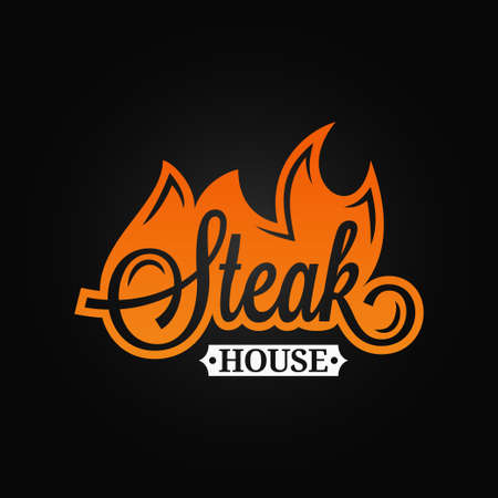 Steak logo flame vintage lettering. Grill fire on black backgroundのイラスト素材