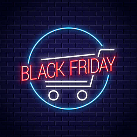 Black friday neon banner. Shopping cart for black friday sale neon signのイラスト素材