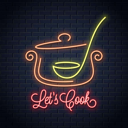 Pan with ladle neon sign. Kitchen spoon in a Saucepan pot neon bannerのイラスト素材
