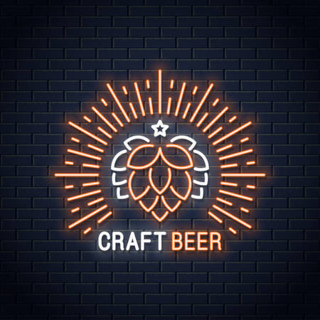 Beer neon banner. Craft beer neon sign on wall backgroundのイラスト素材