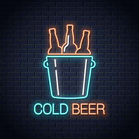 Cold beer neon banner. Beer bottles neon sign on wall backgroundのイラスト素材