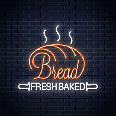 Bread neon banner. Bakery neon sign on wall backgroundのイラスト素材