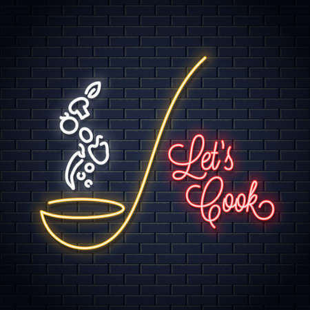 Soup ladle with vegetables neon sign. Cooking spoon neon designのイラスト素材