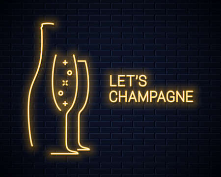 champagne bottle neon banner and champagne glass neon silhouette on back backgroundのイラスト素材