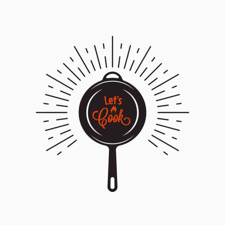 Frying pan logo. Lets cook lettering on whiteのイラスト素材