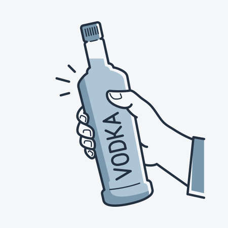 Hand hold vodka bottle. Male hand holding a vodkaのイラスト素材