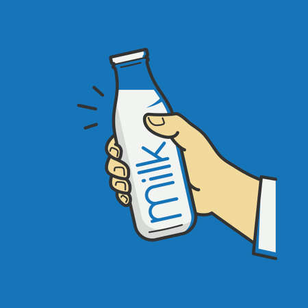 Hand hold milk bottle. Male hand holding a milkのイラスト素材