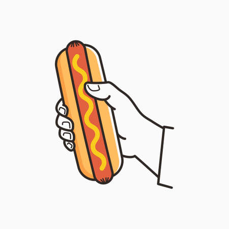 Hand hold hotdog. Male hand holding hot dogのイラスト素材