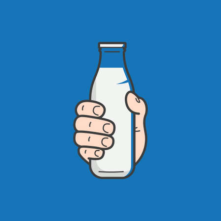 Hand hold milk bottle. Male hand holding a milkのイラスト素材