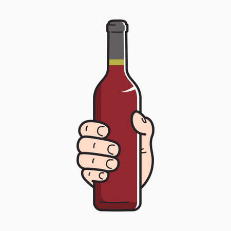 Hand hold wine bottle. Male hand holding a wineのイラスト素材