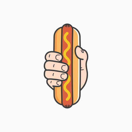 Hand hold hotdog. Male hand holding hot dogのイラスト素材