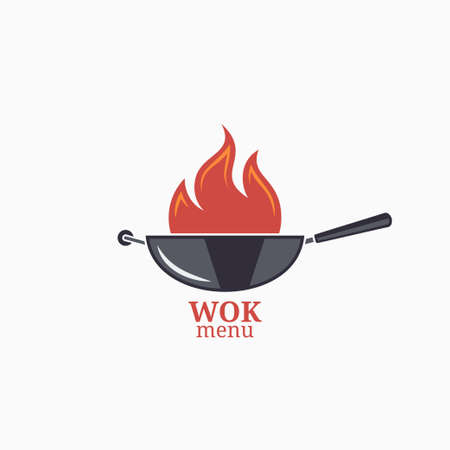 Frying pan design menu. Wok with fire flameのイラスト素材