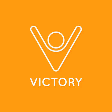 Victory logo of man with hands up. Winner concept. Letter V linear sign on yellowのイラスト素材