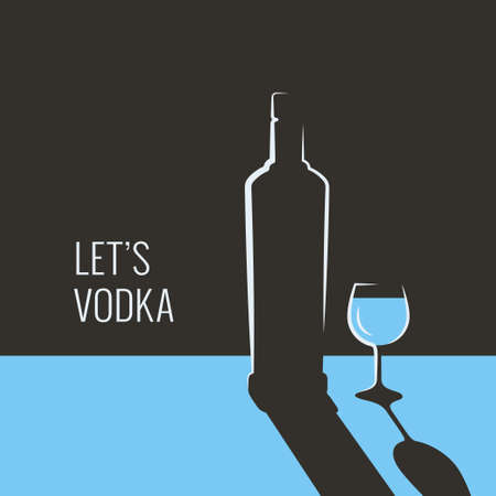 Vodka bottle banner. Glass of vodka on blueのイラスト素材