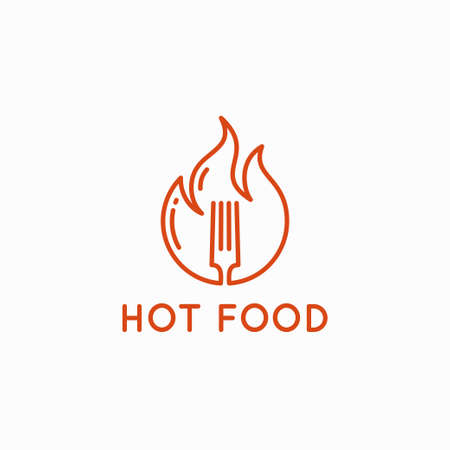 Hot food logo. Fork in flame fire on backgroundのイラスト素材