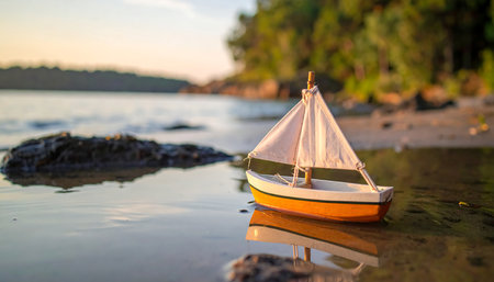 A small toy sailboat sits on calm beach water at sunset, evoking a sense of peacefulness and serenity. The miniature model boat with white sails and orange hull reflects on the watの素材