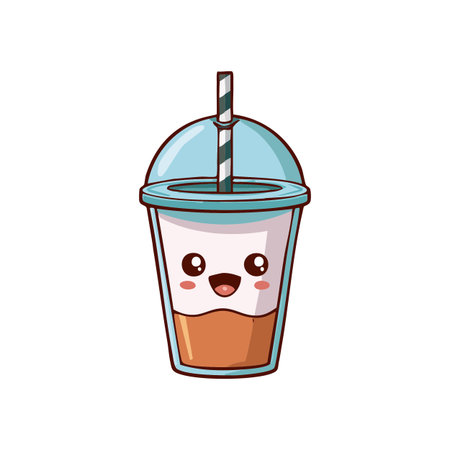 coffee cup with straw kawaii character vector illustration designiconの素材