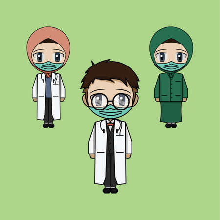 illustration of male and female health workers wearing all-white uniforms and wearing masksのイラスト素材