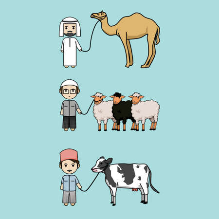illustration of people who bring livestock, namely cows, camels and goats that can be used as sacrificial animals on Eid al-Adhaのイラスト素材