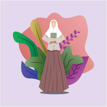 illustration of a female student standing holding a book with a flower pattern background behind itのイラスト素材