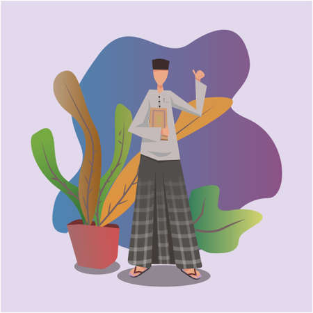 illustration of a student who is standing while holding up the thumb of his left hand and holding a book with a flower pattern background behind itのイラスト素材