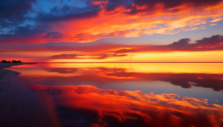 Beautiful sunset on the beach with reflection of clouds in the waterの素材