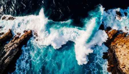 Aerial view of a beautiful blue ocean wave breaking on the cliffsの素材