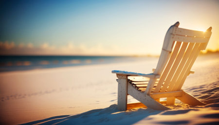 Sunrise on the beach with a chair in the foreground, soft focusの素材