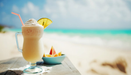 Milkshake on the beach with a slice of orange and a strawの素材
