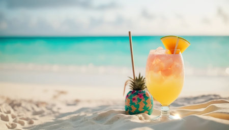 Pina colada cocktail on the beach with turquoise sea backgroundの素材