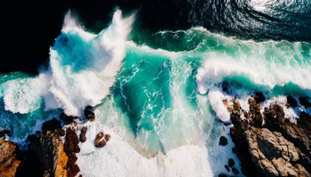 Aerial view of the ocean waves crashing on the rocks. Top viewの素材