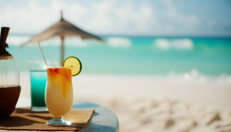 Cocktail on the beach with blue sea and white sand.の素材